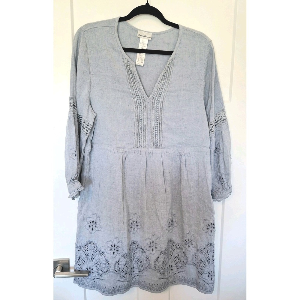 Tommy Bahama St. LUCIA Blue Embroidered V-Neck Linen Blend Eyelet  Dress XL Boho